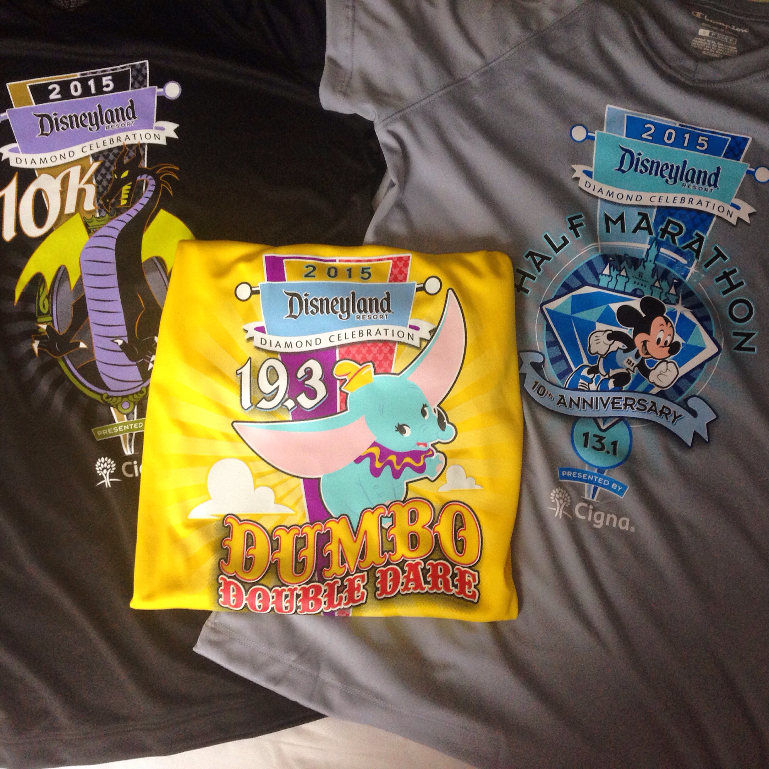 2015 Disneyland 10K, Dumbo Double Dare and Disneyland Half Marathon race shirts